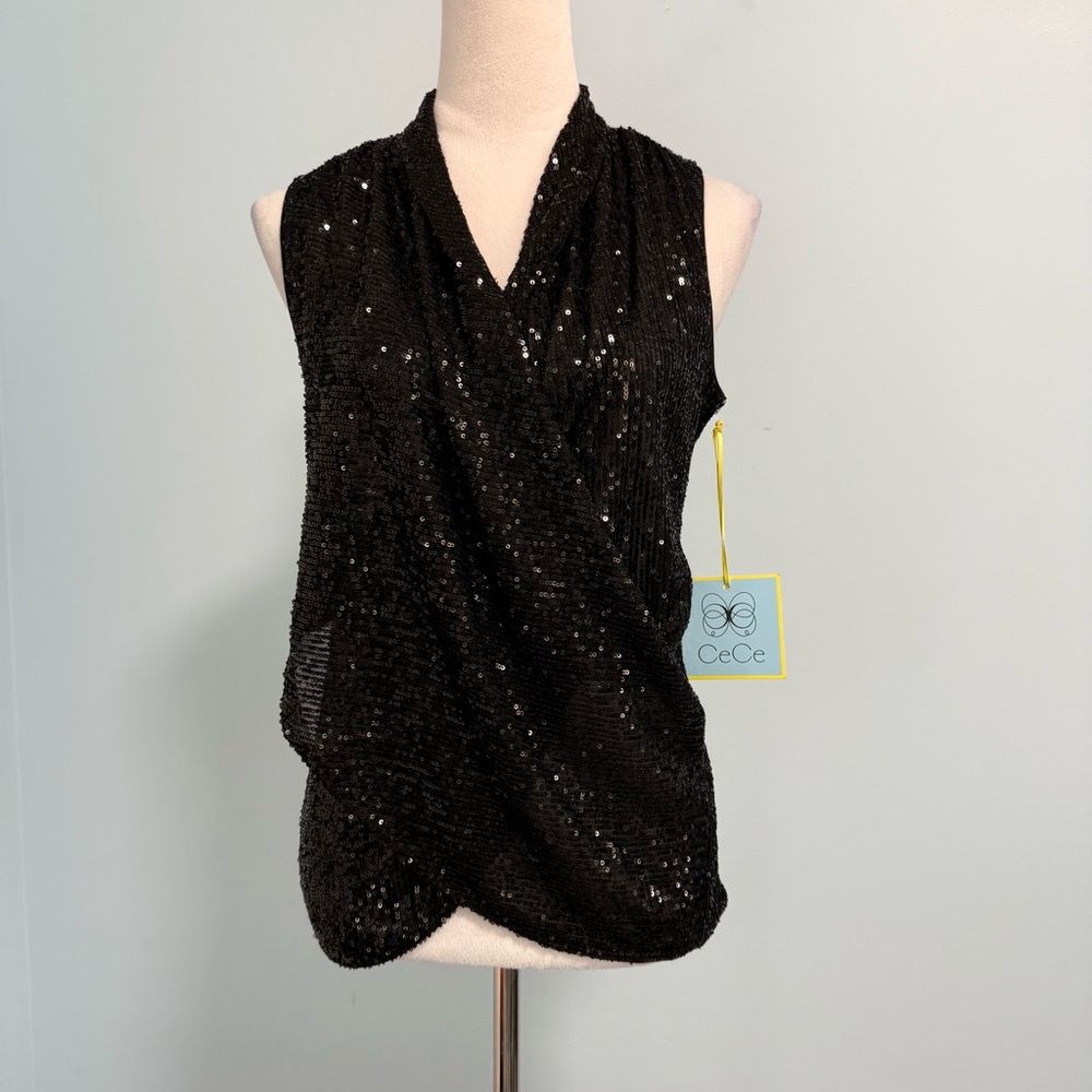 CeCe Black Sequin Sleeveless Wrap Cocktail Party Top Size S